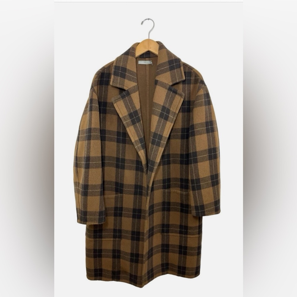 Vince Tonal Check Plaid Brown Melton Wool Car Coat XS Winter Jacket Oversized